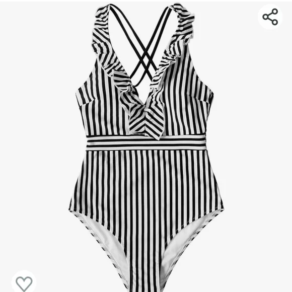 Plunge Neck One Piece‎ Swimsuit- Sized Small black and white striped ruffle neck - Picture 4 of 8